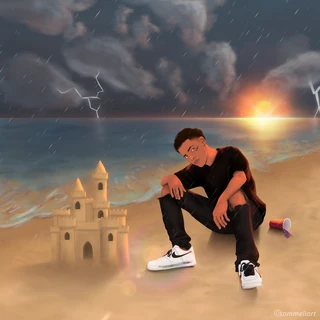 Ilustração de capa: um rapaz sentado na praia ao lado de um castelo de areia.